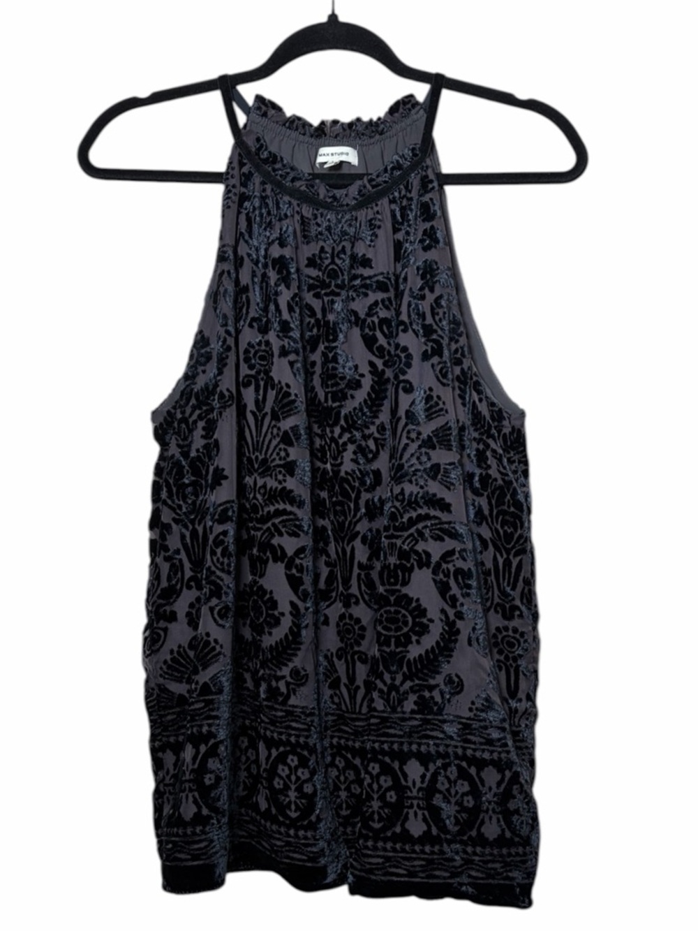 Max Studio Black Velvet Burnout Halter Top Sleeveless Blouse Size Large